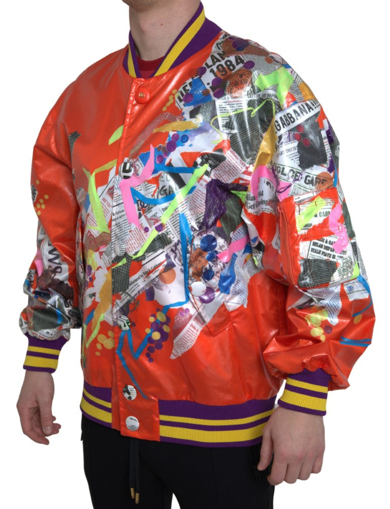 Dolce & Gabbana Orange Multicolor Graphic Print Button Bomber Jacket