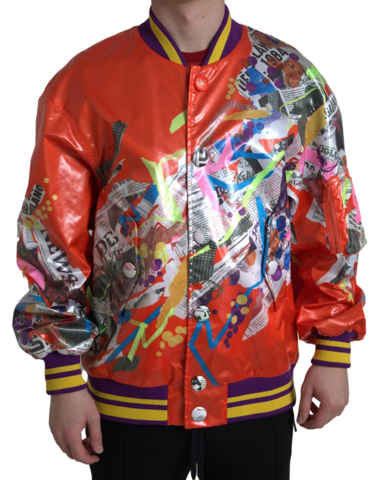 Dolce & Gabbana Orange Multicolor Graphic Print Button Bomber Jacket