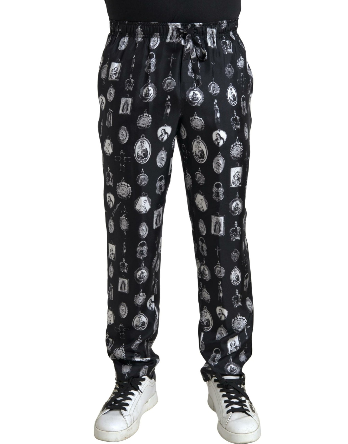 Dolce & Gabbana Black Religious Print Joggers Silk Men Pants