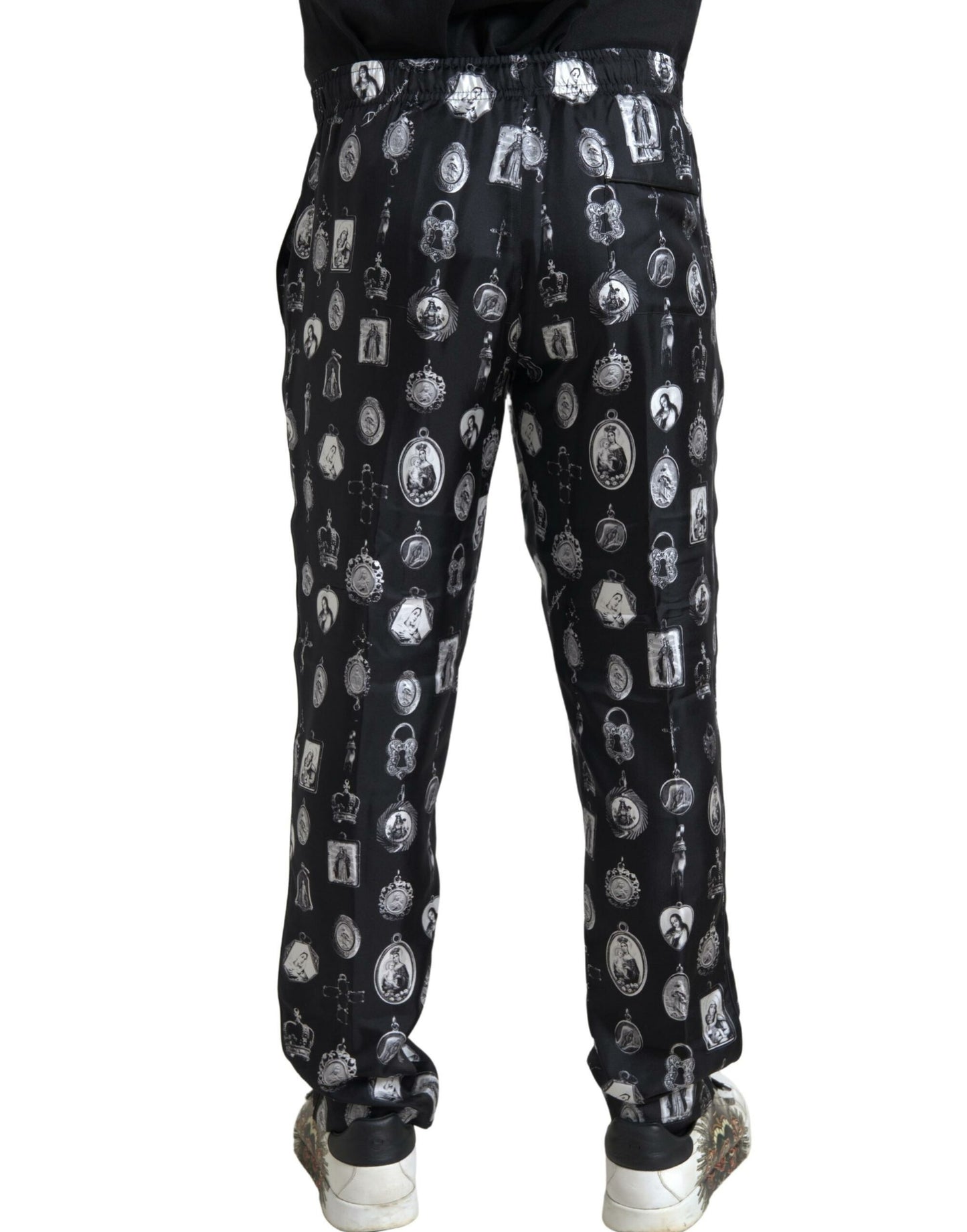 Dolce & Gabbana Black Religious Print Joggers Silk Men Pants