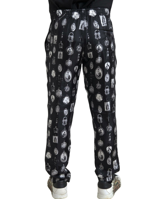 Dolce & Gabbana Black Religious Print Joggers Silk Men Pants