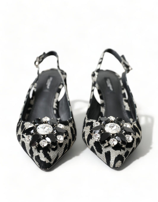 Dolce & Gabbana Silver Leopard Crystal Slingback Pumps Shoes