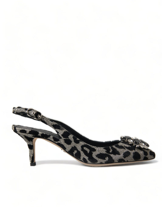 Dolce & Gabbana Silver Leopard Crystal Slingback Pumps Shoes