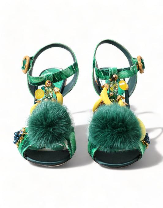 Dolce & Gabbana Green Banana Leaf Embellished T-Strap Sandals Shoes