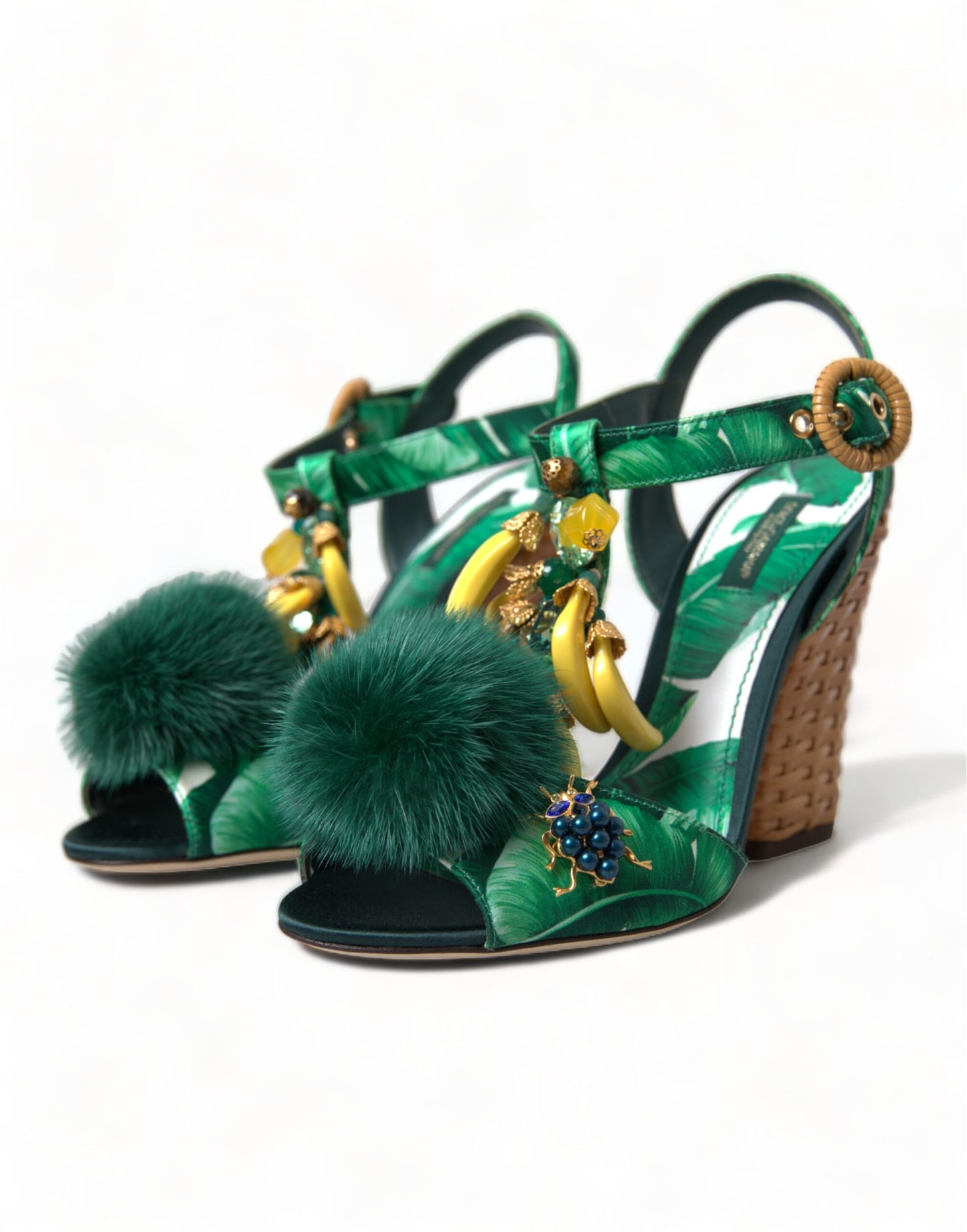 Dolce & Gabbana Green Banana Leaf Embellished T-Strap Sandals Shoes