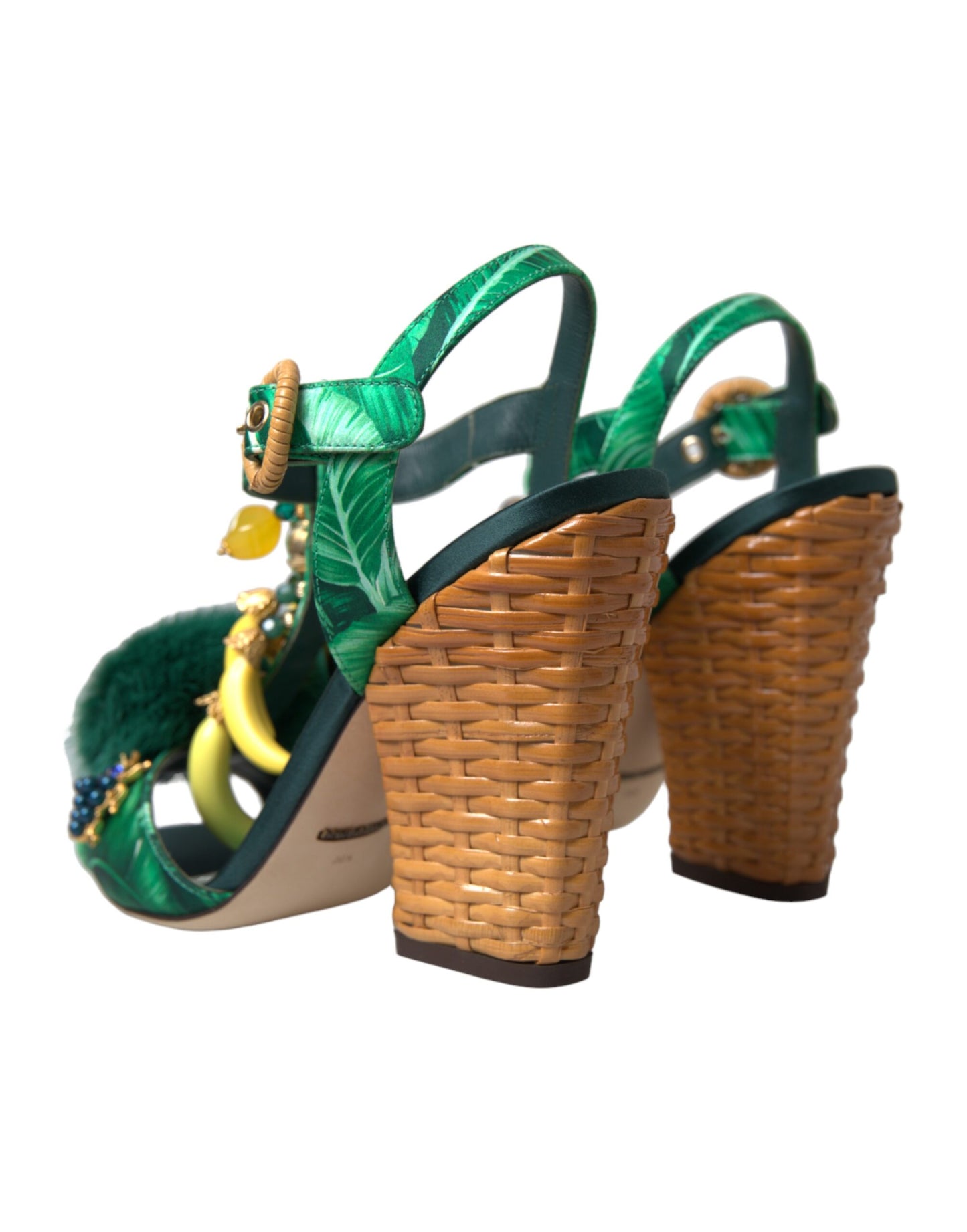 Dolce & Gabbana Green Banana Leaf Embellished T-Strap Sandals Shoes