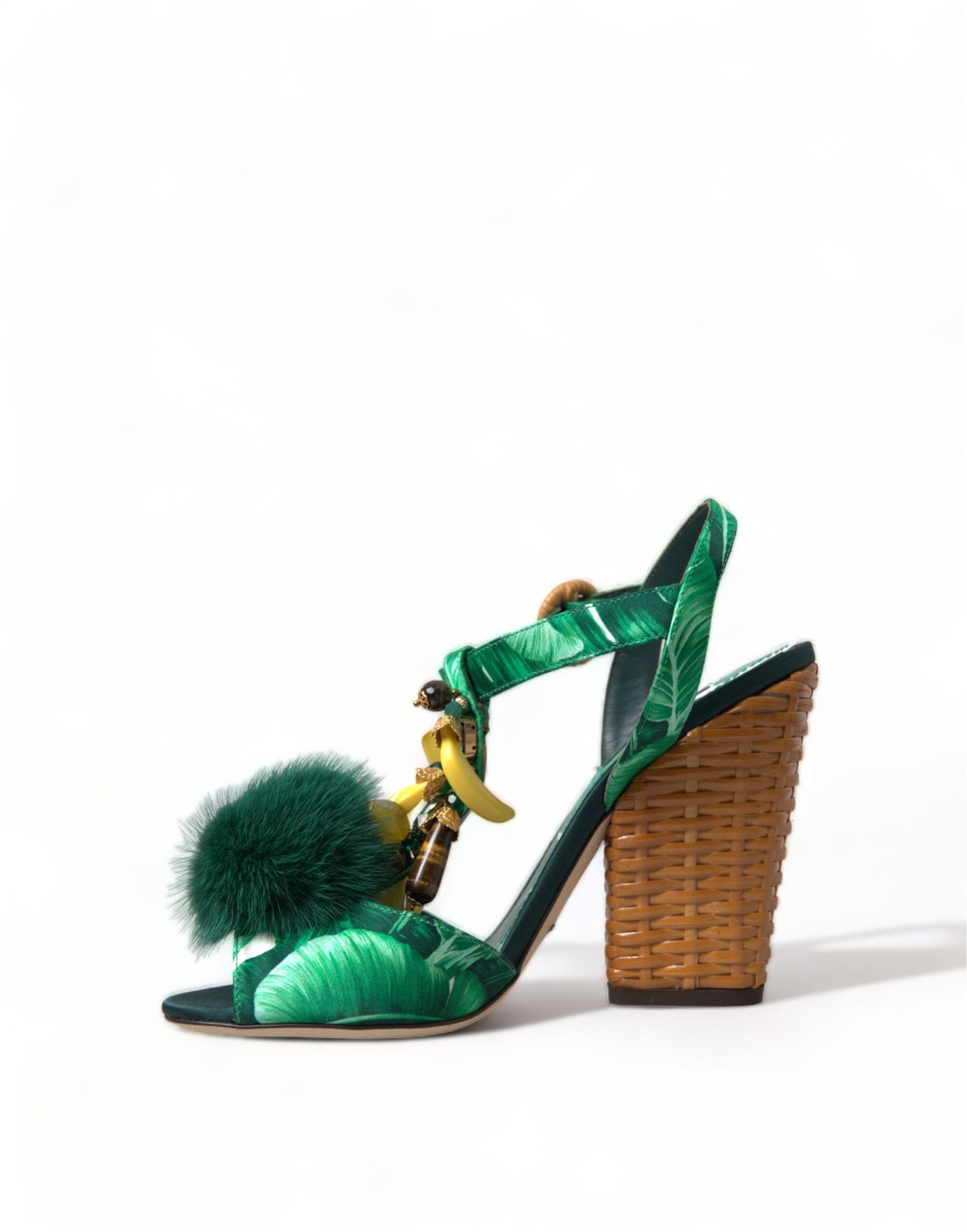 Dolce & Gabbana Green Banana Leaf Embellished T-Strap Sandals Shoes