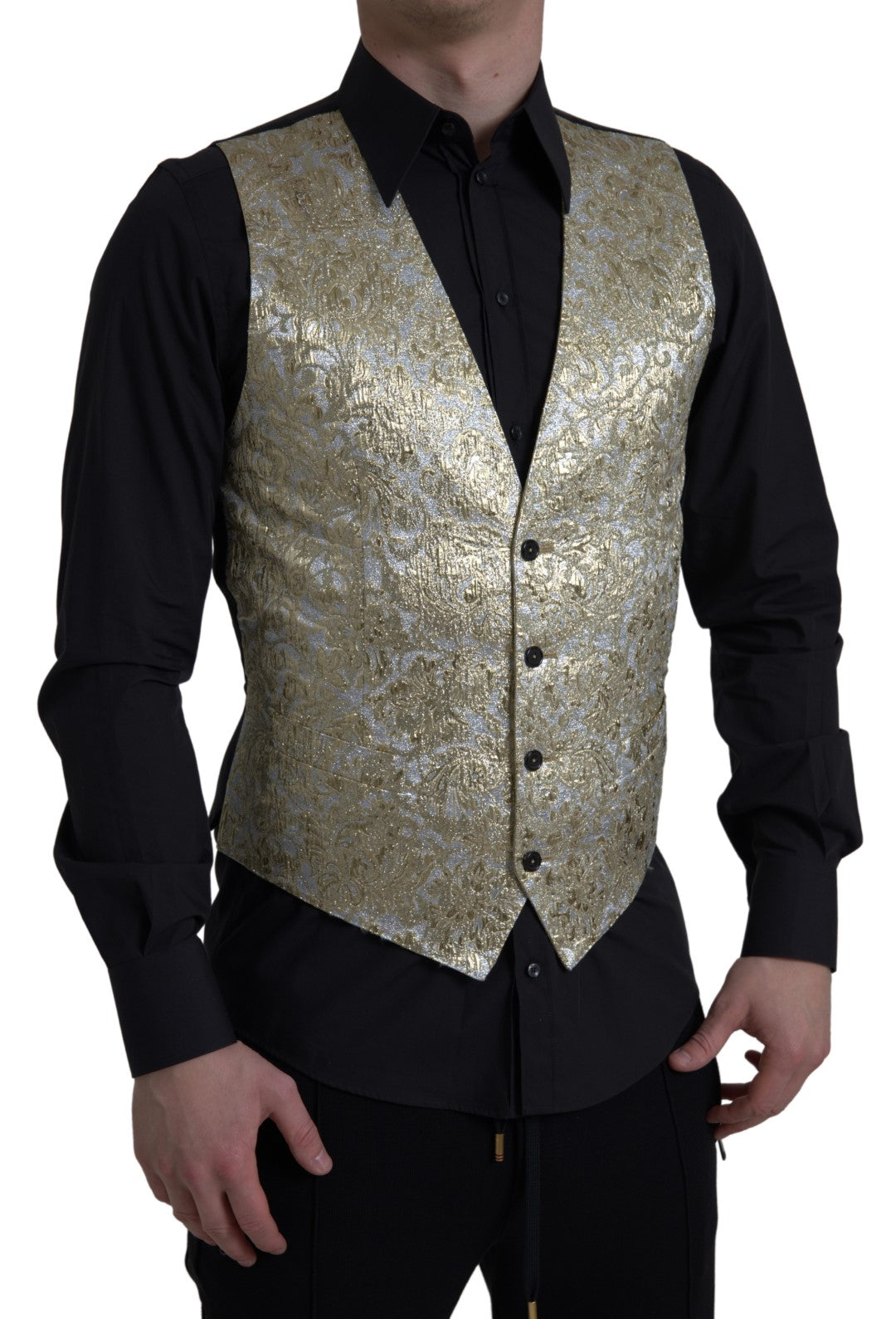 Dolce & Gabbana Floral Jacquard Waistcoat Formal Gold Vest