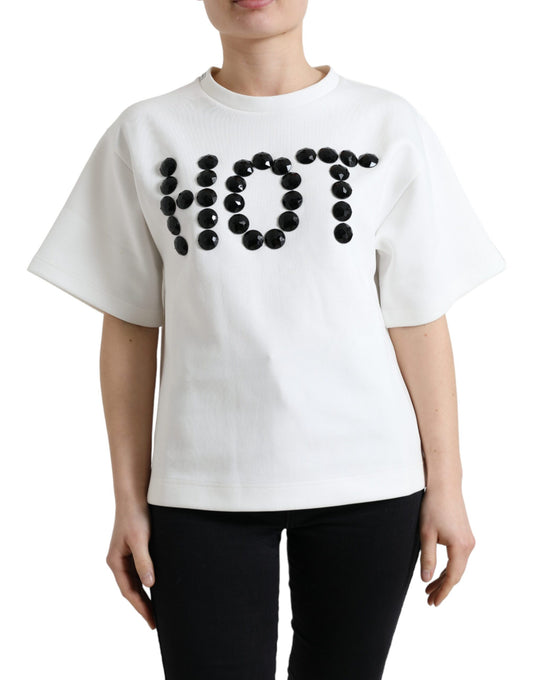 Dolce & Gabbana White Stretch Black HOT Crystal Embellished T-Shirt