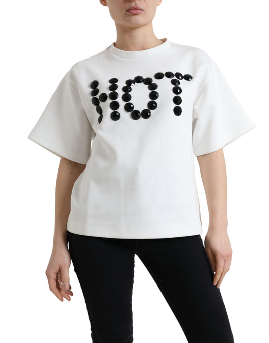 Dolce & Gabbana White Stretch Black HOT Crystal Embellished T-Shirt