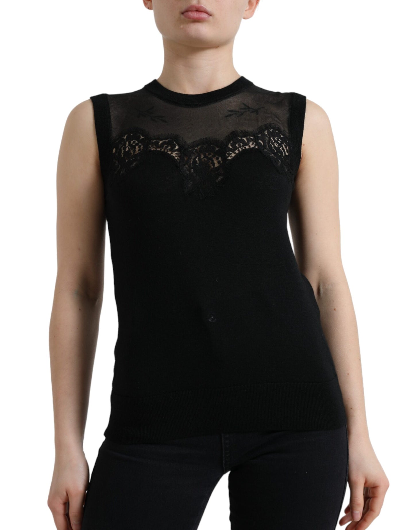 Dolce & Gabbana Black Cashmere Lace Trim Sleeveless Top