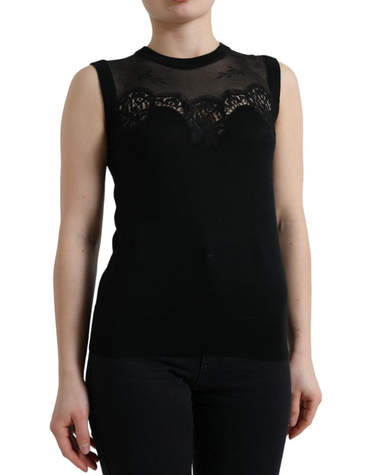 Dolce & Gabbana Black Cashmere Lace Trim Sleeveless Top