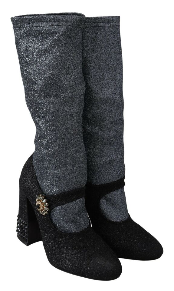 Dolce & Gabbana Black Crystal Mary Janes Booties Shoes