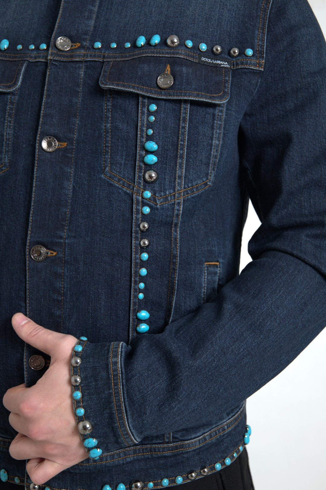 Dolce & Gabbana Blue Denim Turquoise Stones Studded Jacket