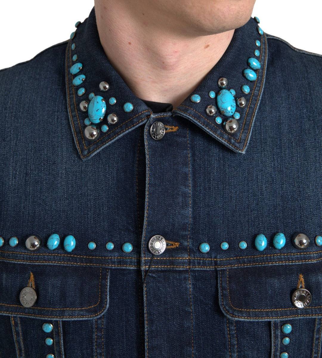 Dolce & Gabbana Blue Denim Turquoise Stones Studded Jacket