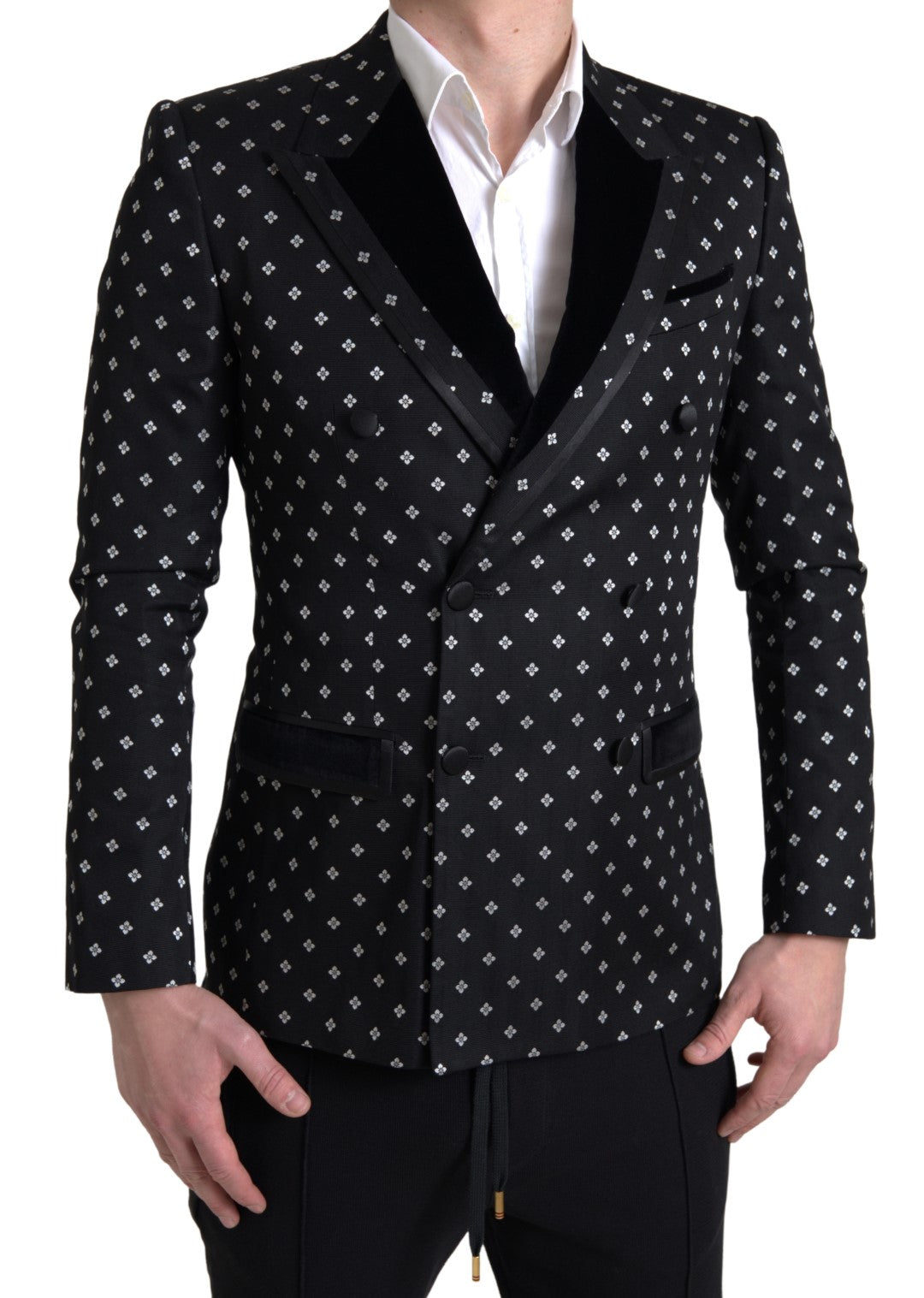 Dolce & Gabbana Black White Pattern Slim Fit Double Breasted Blazer