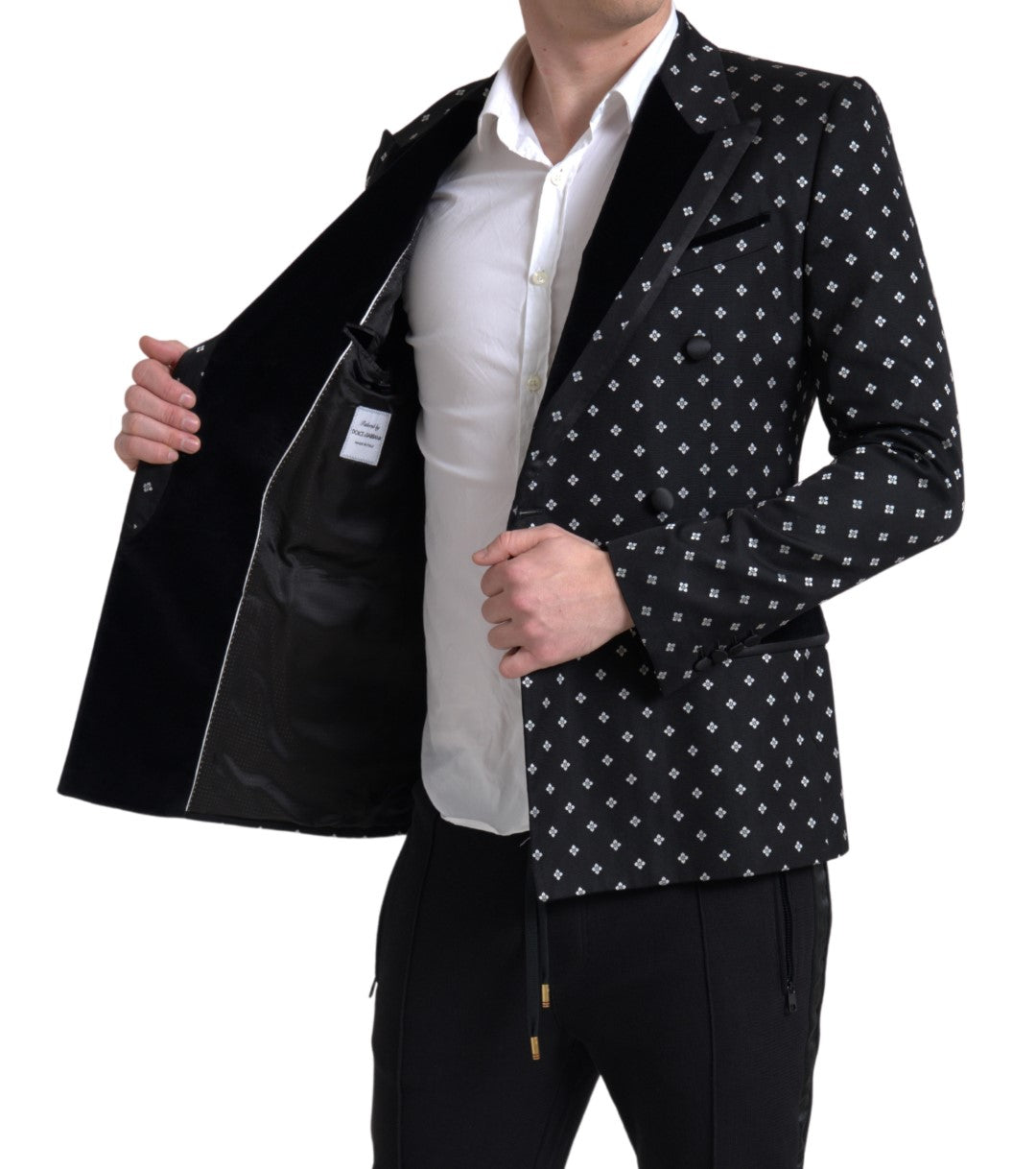 Dolce & Gabbana Black White Pattern Slim Fit Double Breasted Blazer