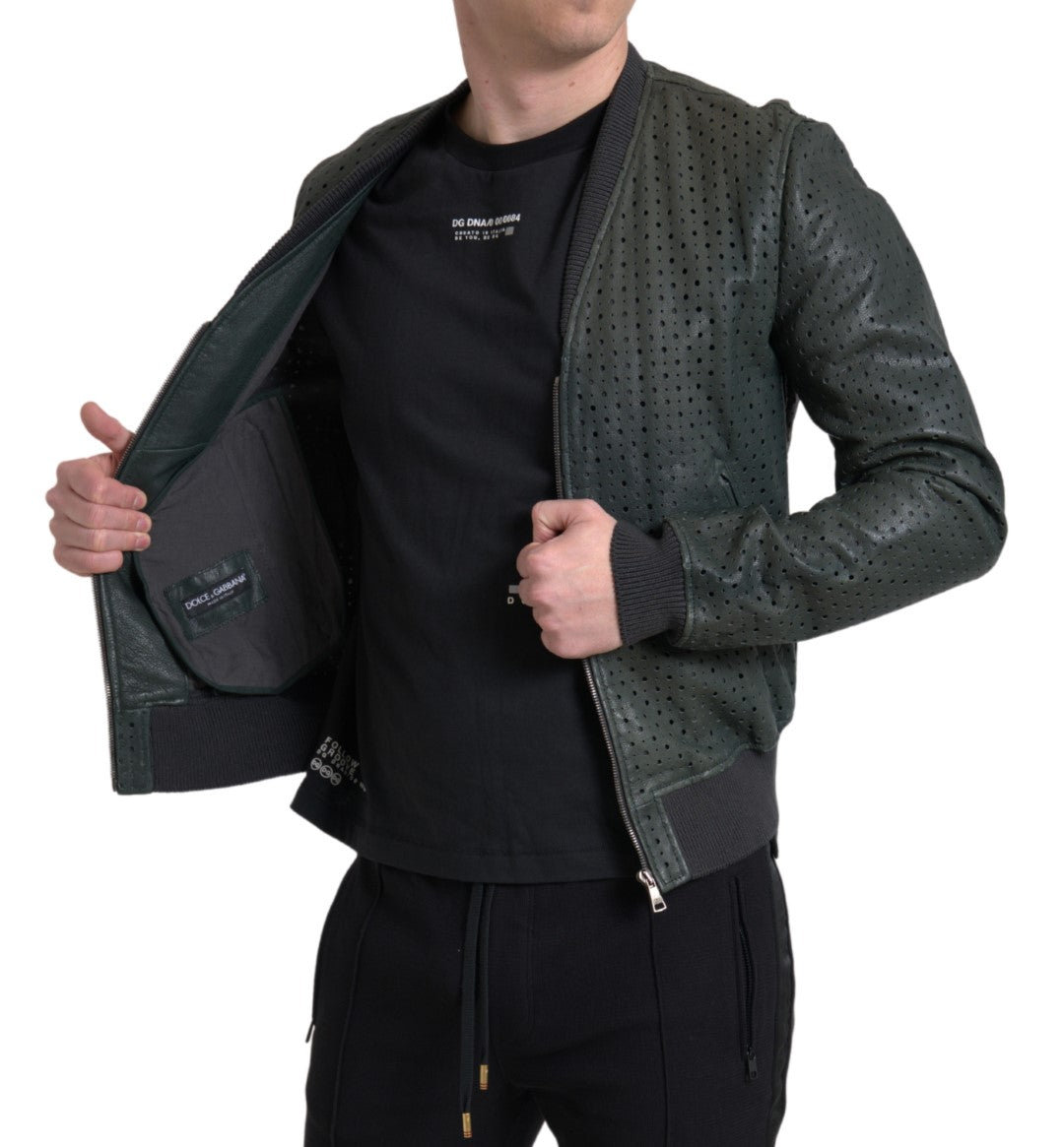 Dolce & Gabbana Green Perforated Leather Bomber Jacket