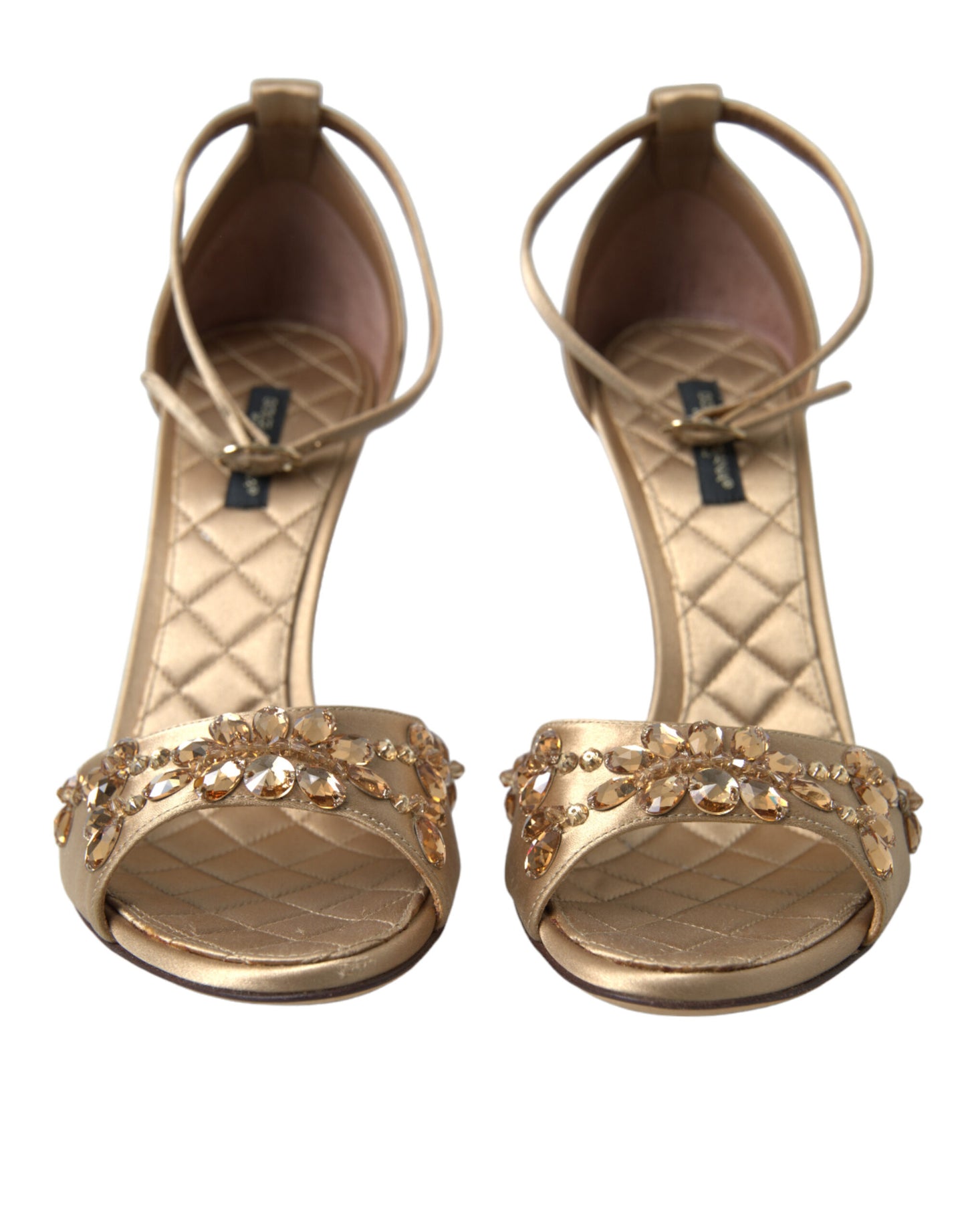 Dolce & Gabbana Gold Satin Ankle Strap Crystal Sandals Shoes