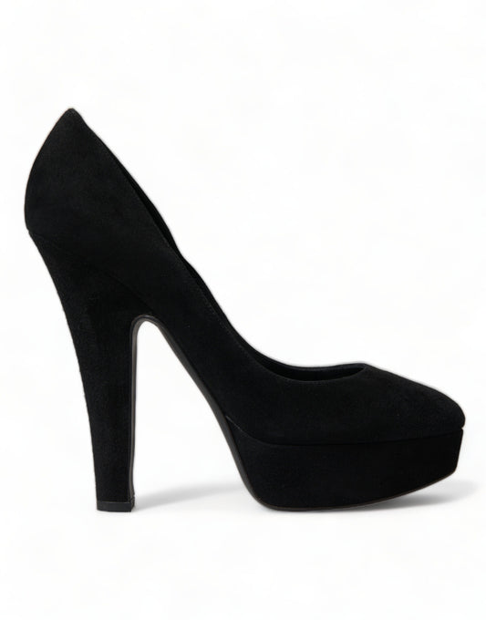 Dolce & Gabbana Black Suede Leather Platform Heel Pumps Shoes