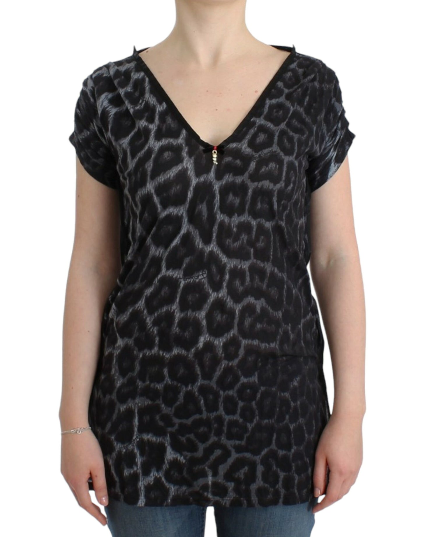 Cavalli Gray Leopard V-Neck Top