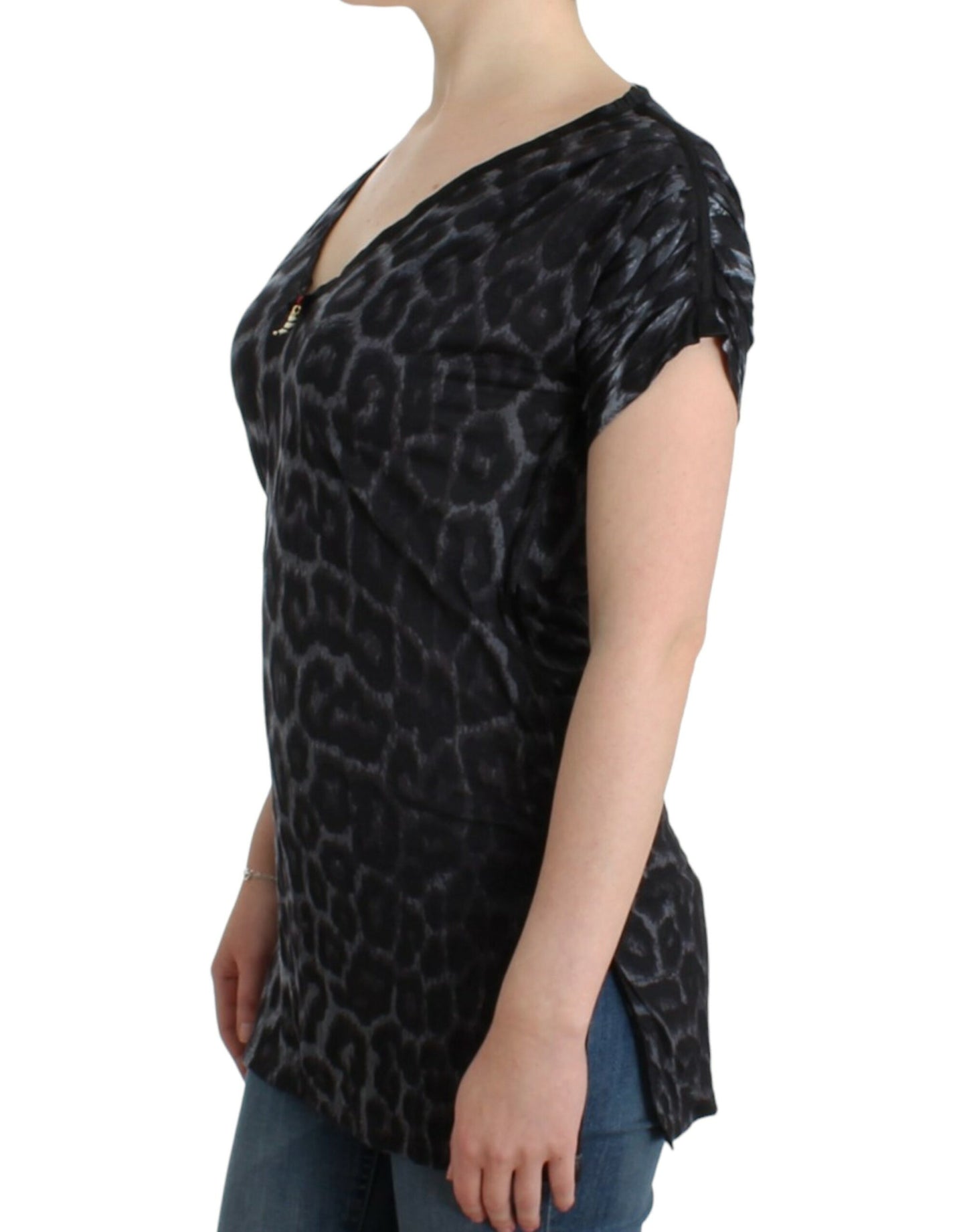 Cavalli Gray Leopard V-Neck Top