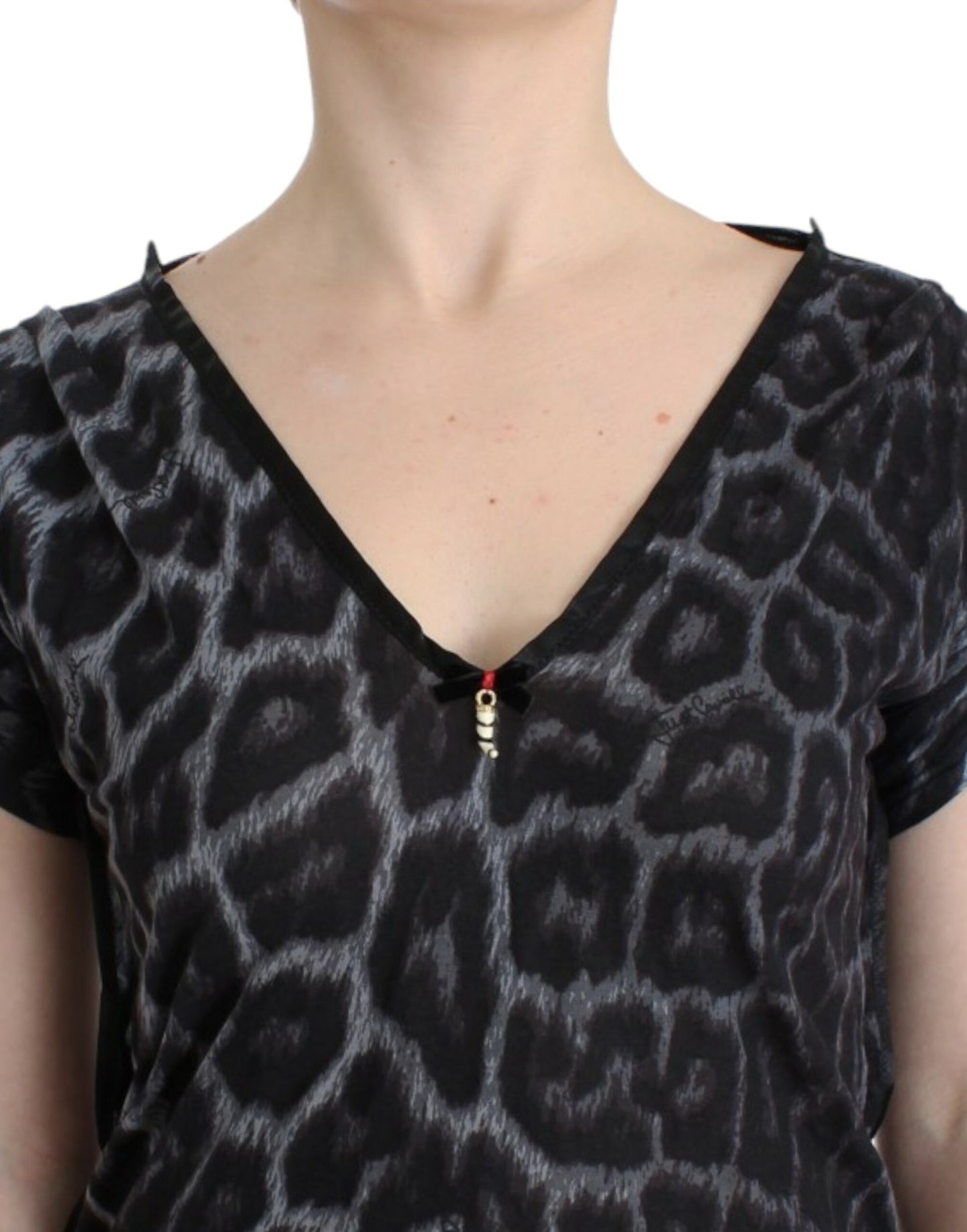 Cavalli Gray Leopard V-Neck Top