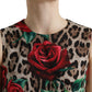 Dolce & Gabbana Brown Leopard Red Roses Wool A-line Dress