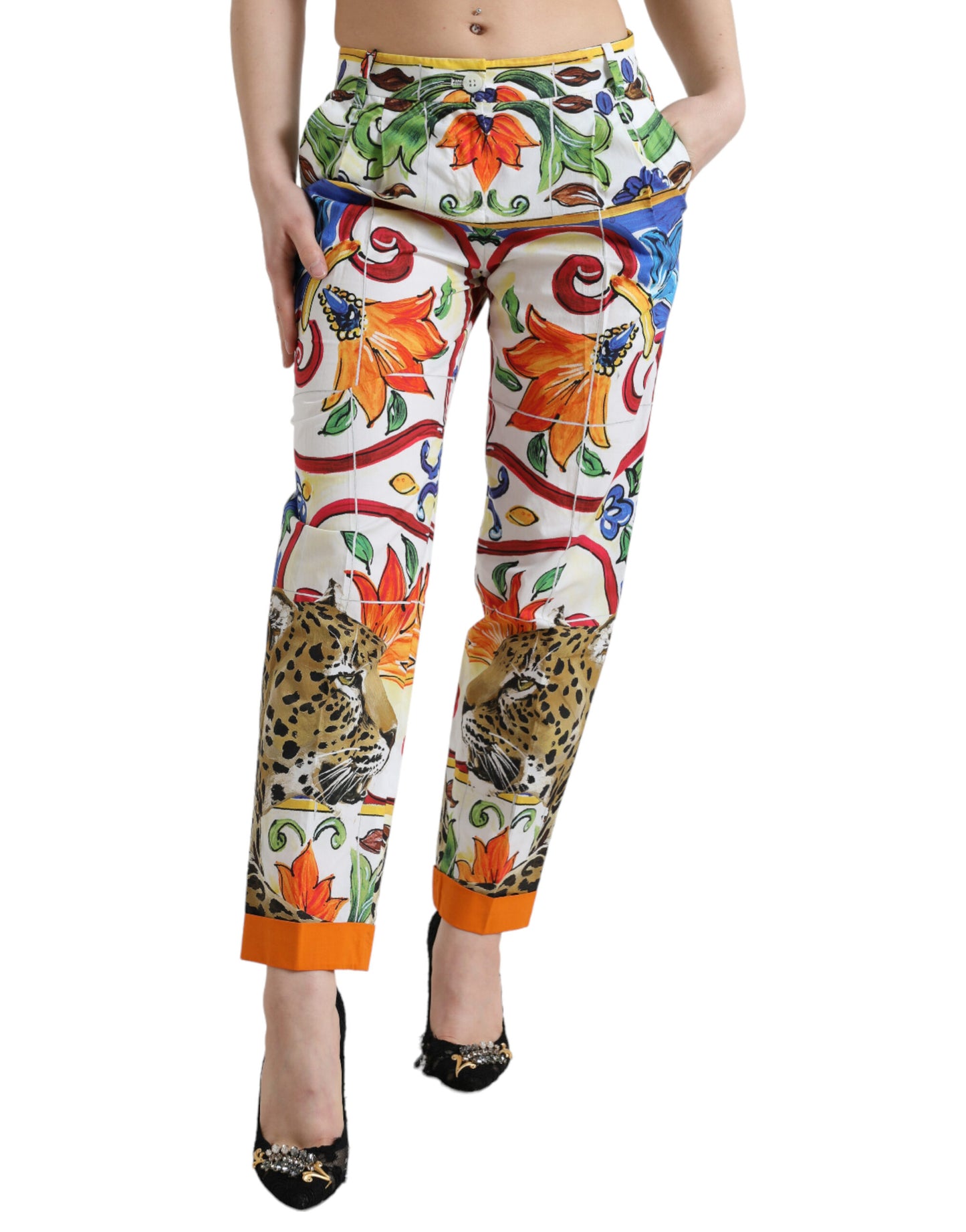 Dolce & Gabbana White Majolica Print Tapered Mid Waist Pants