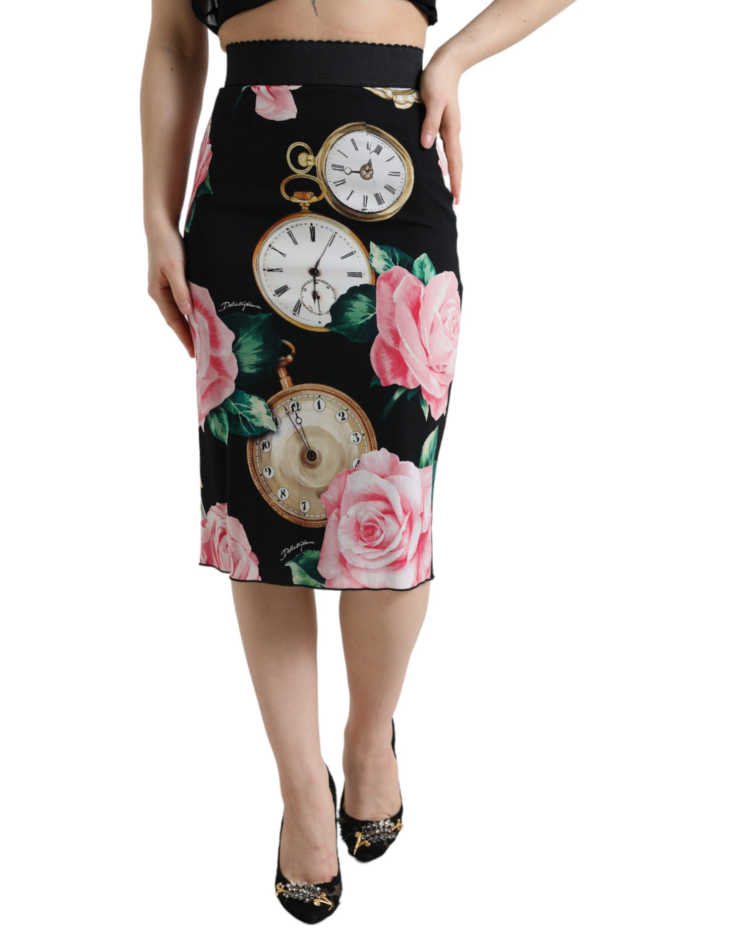 Dolce & Gabbana Black Rose Clock High Waist Pencil Cut Skirt