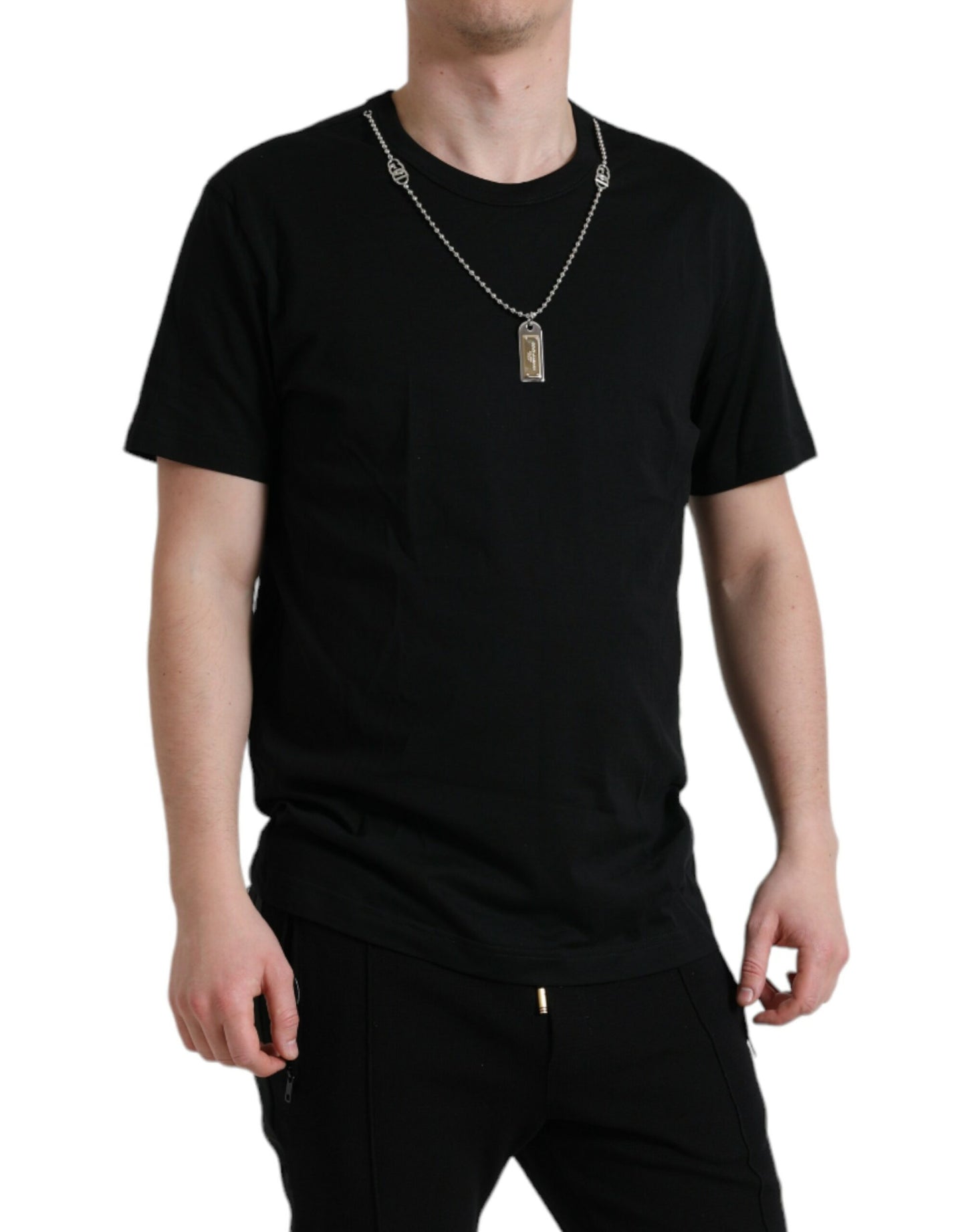 Dolce & Gabbana Black Cotton Dog Tag Round Neck T-shirt