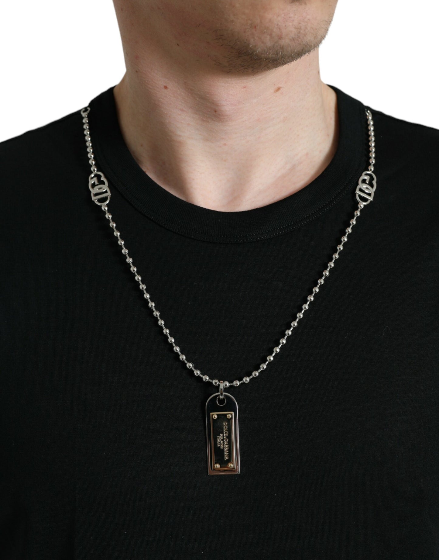 Dolce & Gabbana Black Cotton Dog Tag Round Neck T-shirt