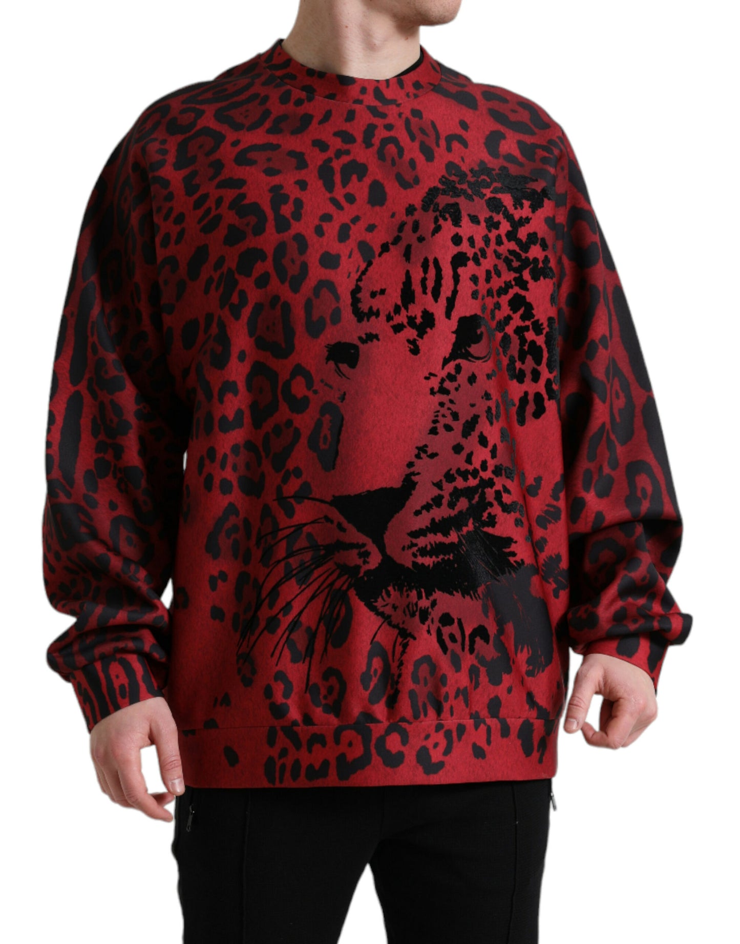 Dolce & Gabbana Red Leopard Print Crewneck Pullover Sweater