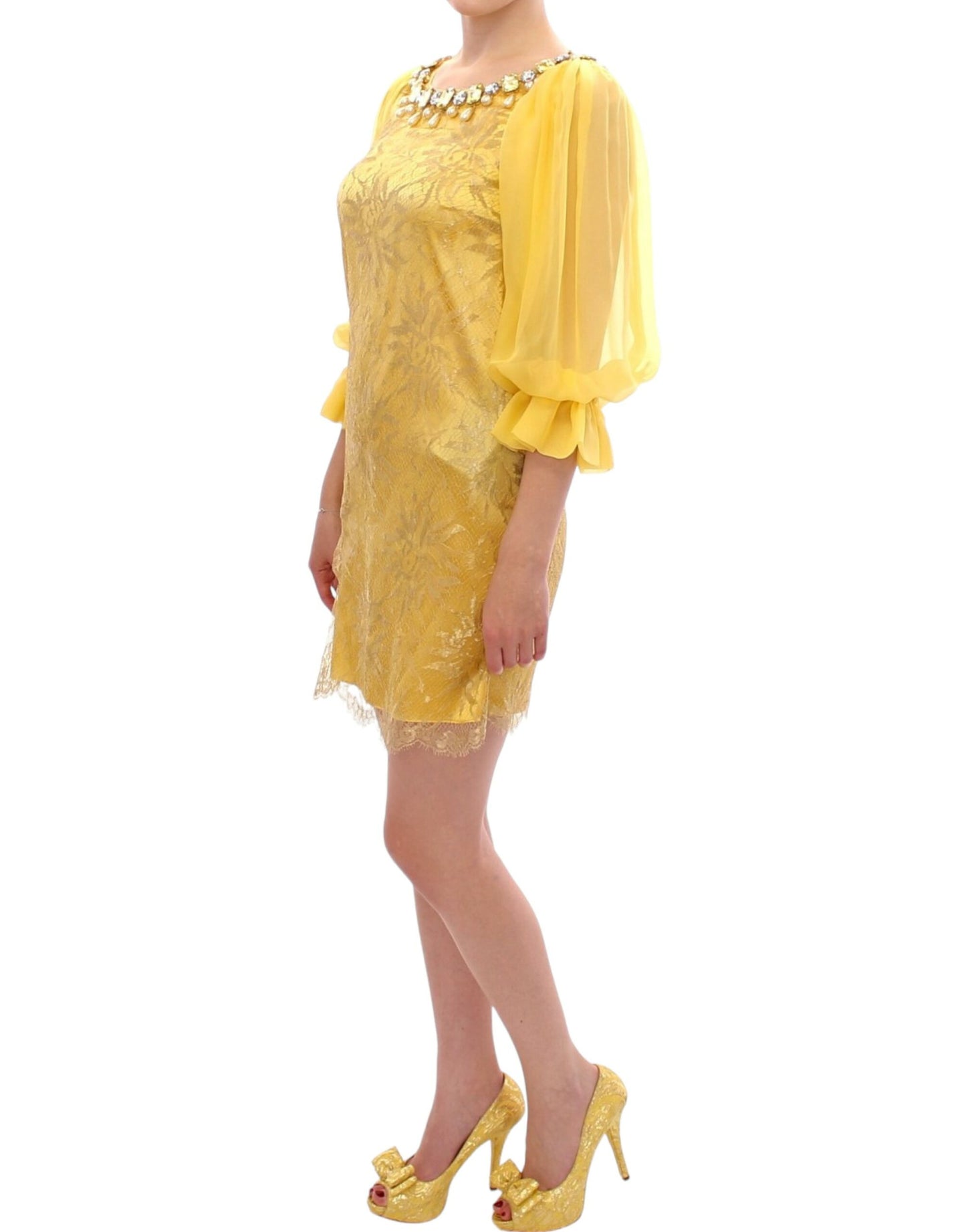 Dolce & Gabbana Yellow Lace Crystal Short Dress