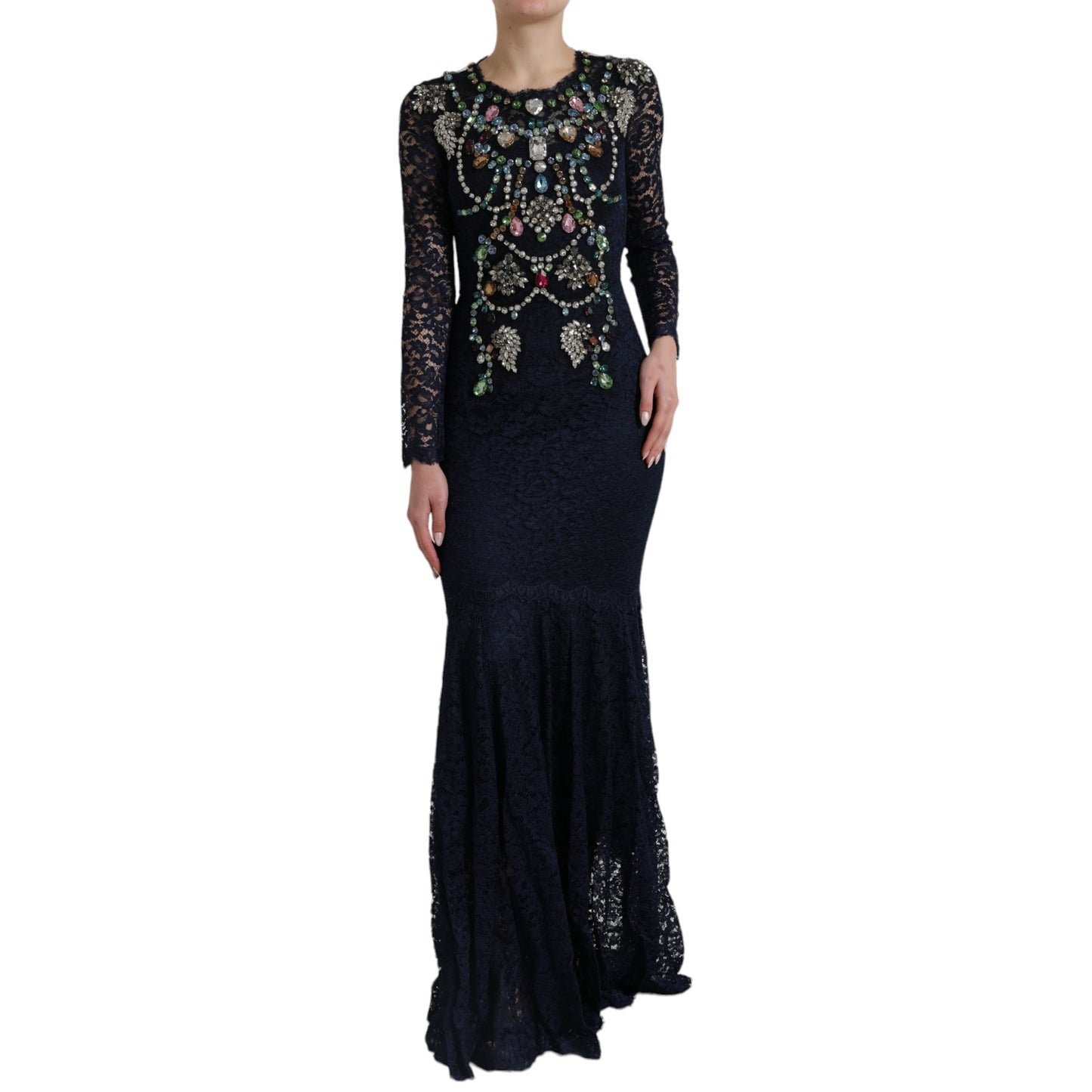 Dolce & Gabbana Blue Crystal Floral Lace Long Dress