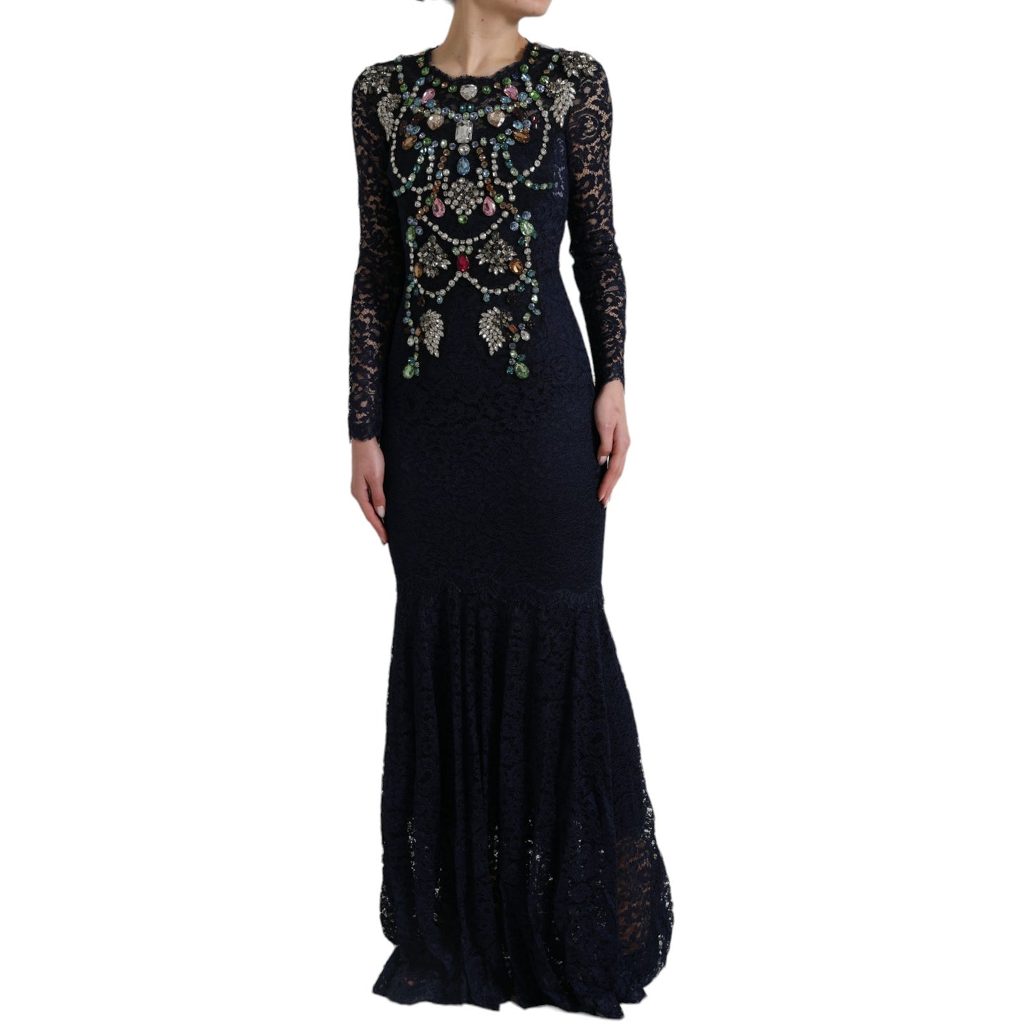 Dolce & Gabbana Blue Crystal Floral Lace Long Dress