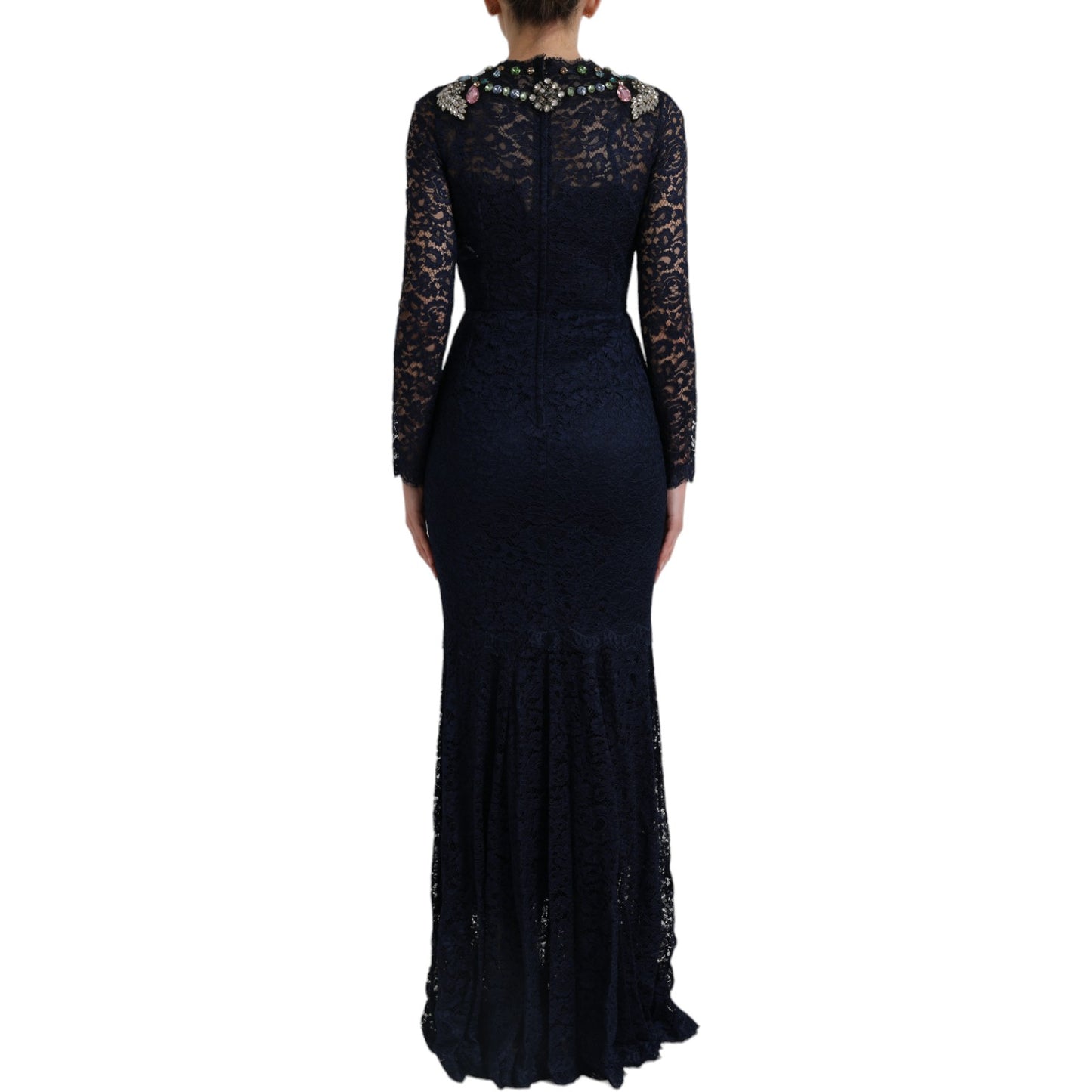 Dolce & Gabbana Blue Crystal Floral Lace Long Dress