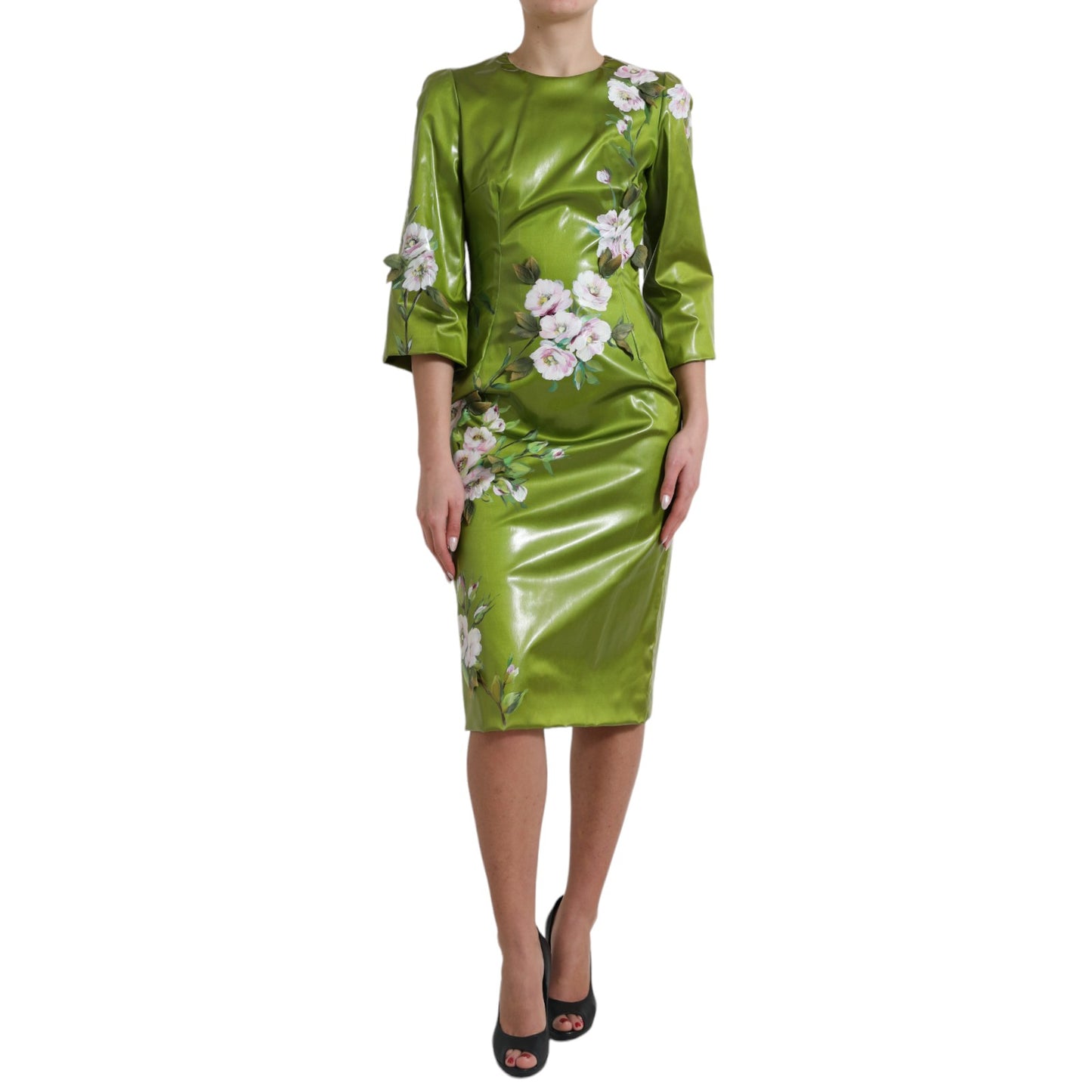 Dolce & Gabbana Green Floral Embellished Sheath Dress