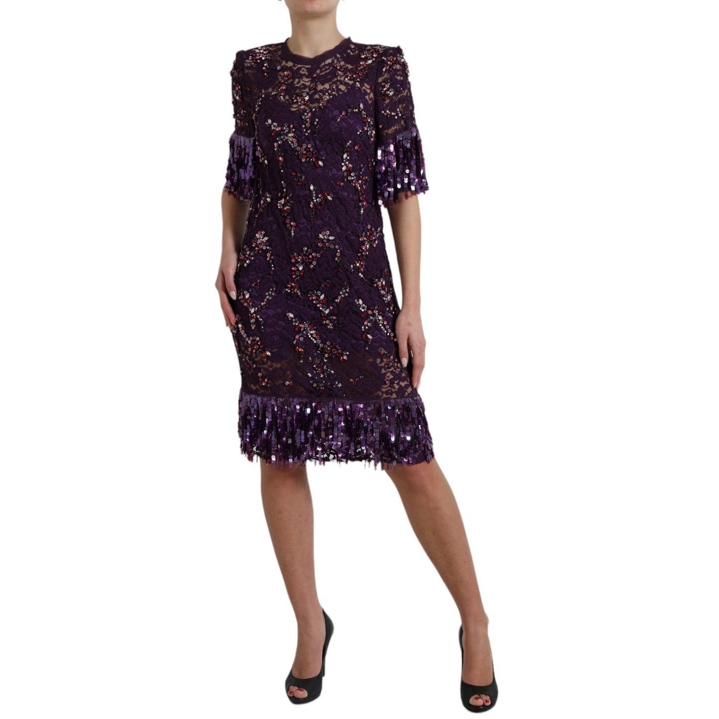 Dolce & Gabbana Purple Floral Lace Crystal Embedded Dress