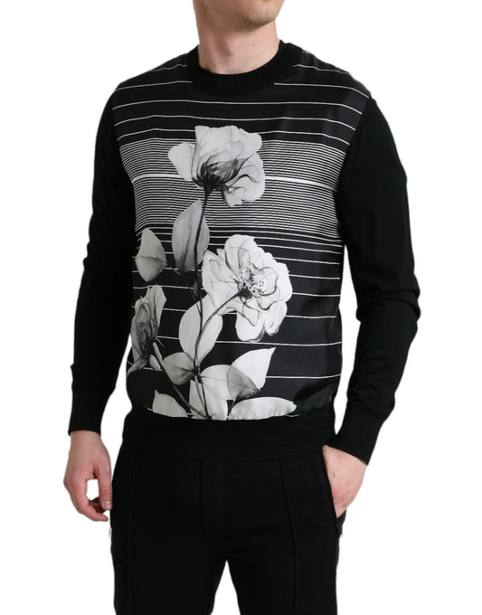 Dolce & Gabbana Black Floral Print Wool Silk Pullover Sweater