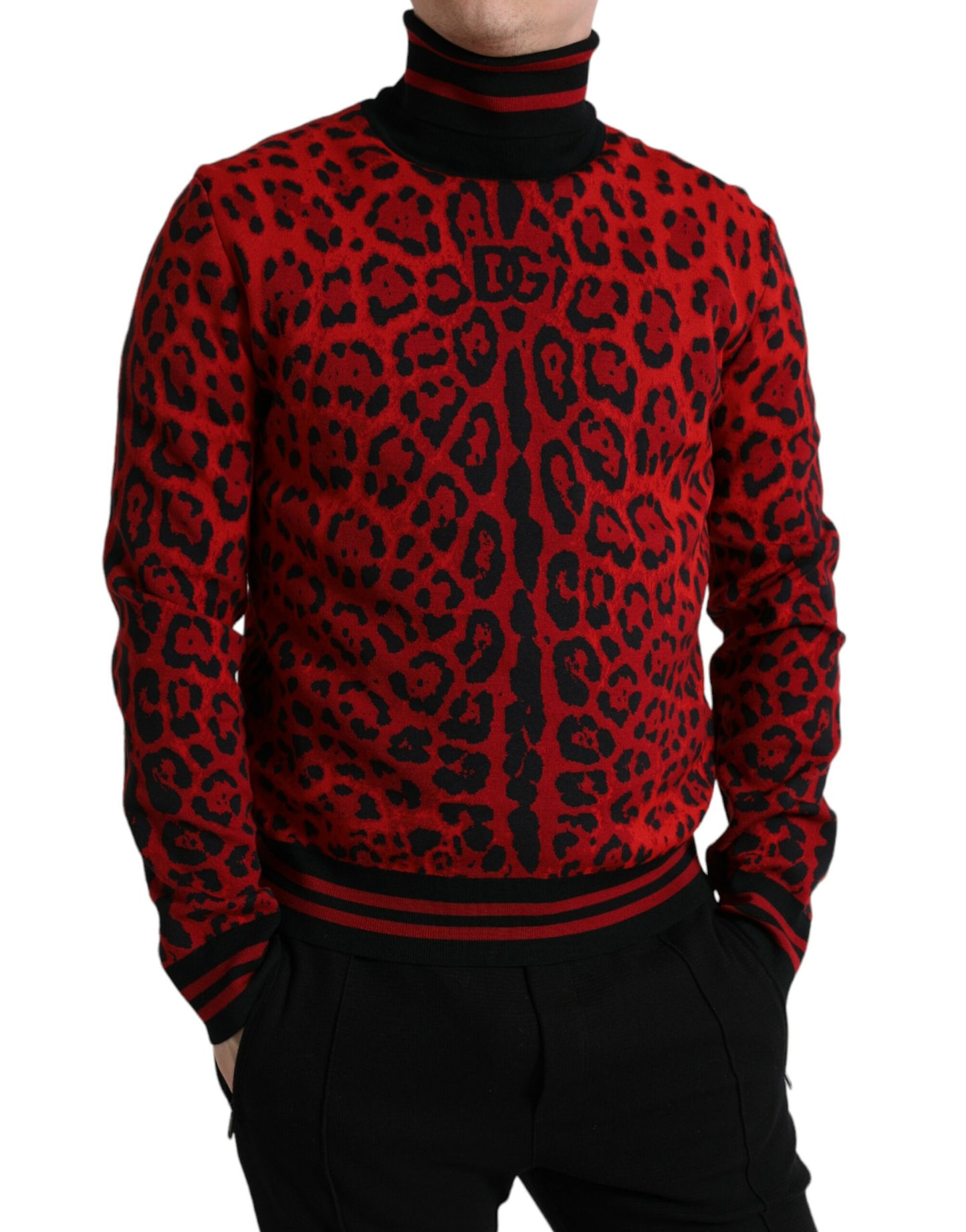 Dolce & Gabbana Red Leopard Print Turtleneck Pullover Sweater