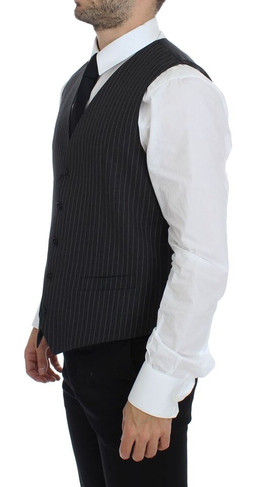 Dolce & Gabbana Gray Striped Wool Single Breasted Vest