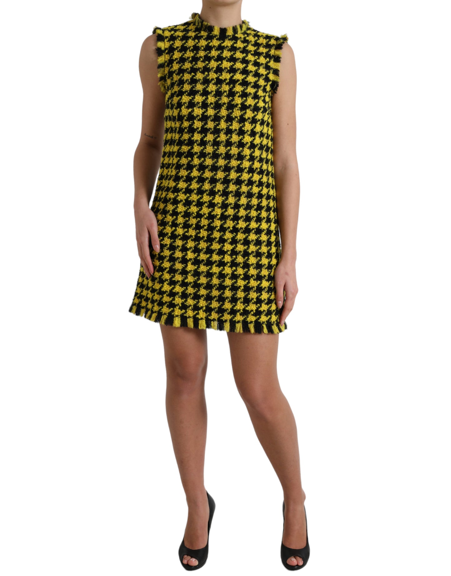 Dolce & Gabbana Yellow Houndstooth Sleeveless Aline Mini Dress