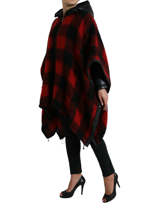 Dolce & Gabbana Black Red Buffalo Check Hooded Poncho Jacket