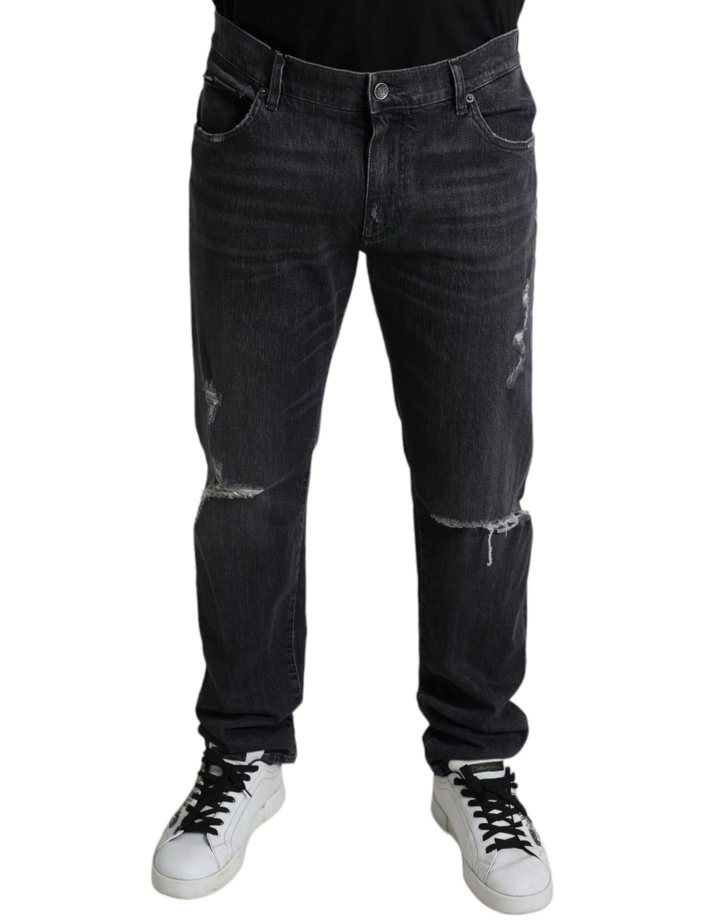 Dolce & Gabbana Grey Tattered Cotton Slim Skinny Denim Jeans