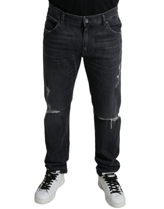 Dolce & Gabbana Grey Tattered Cotton Slim Skinny Denim Jeans