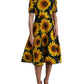 Dolce & Gabbana Black Sunflower Print Nylon A-line Midi Dress