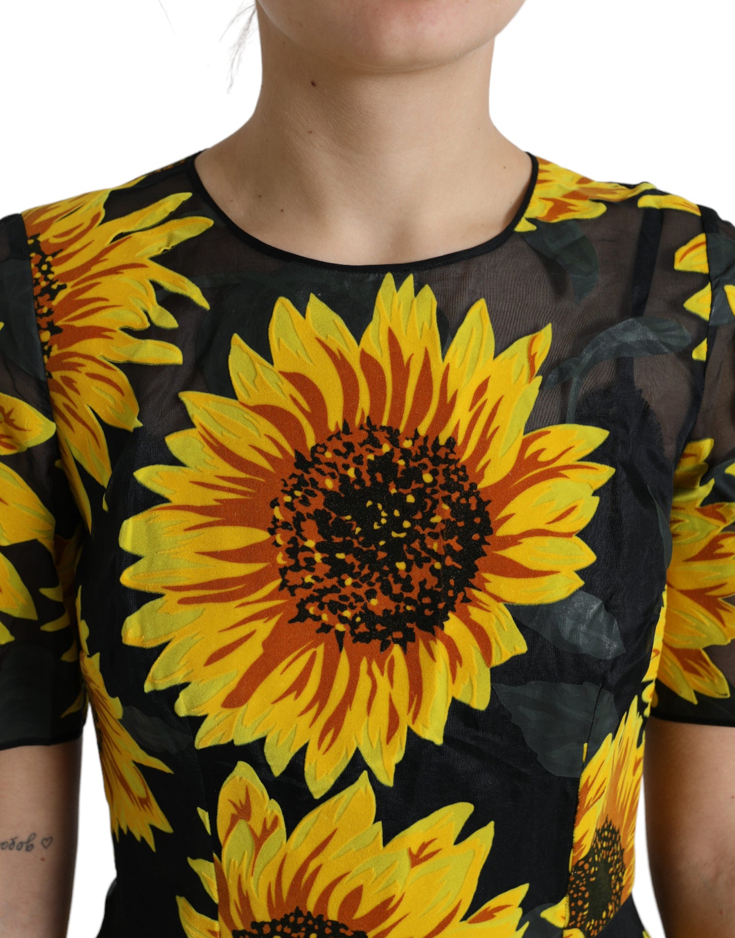 Dolce & Gabbana Black Sunflower Print Nylon A-line Midi Dress