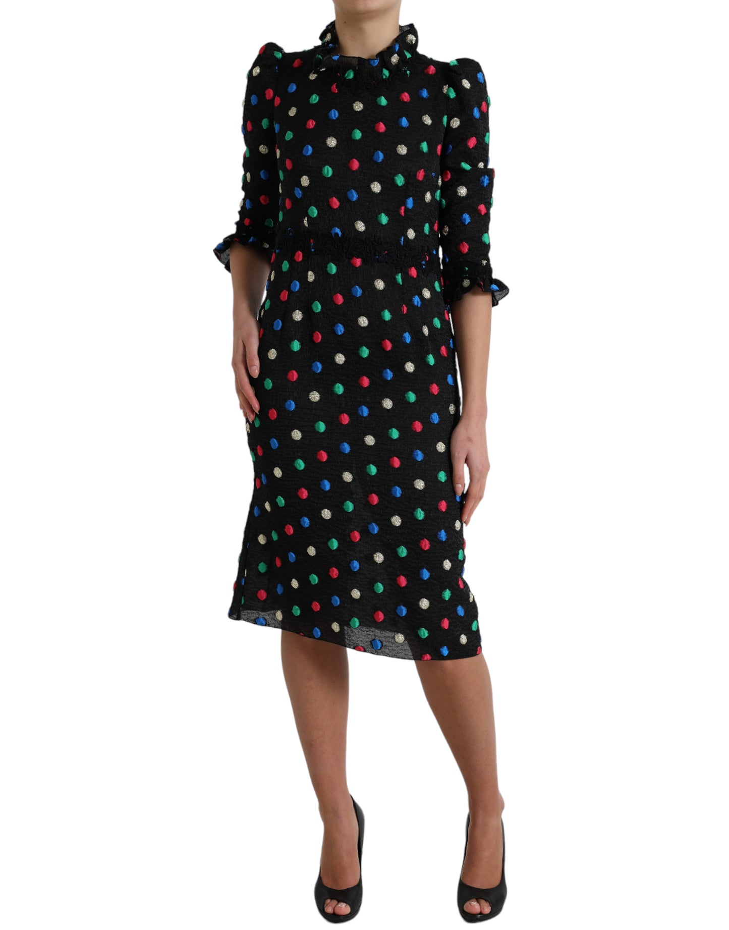 Dolce & Gabbana Black Polka Dot Ruffle Cotton Midi Dress