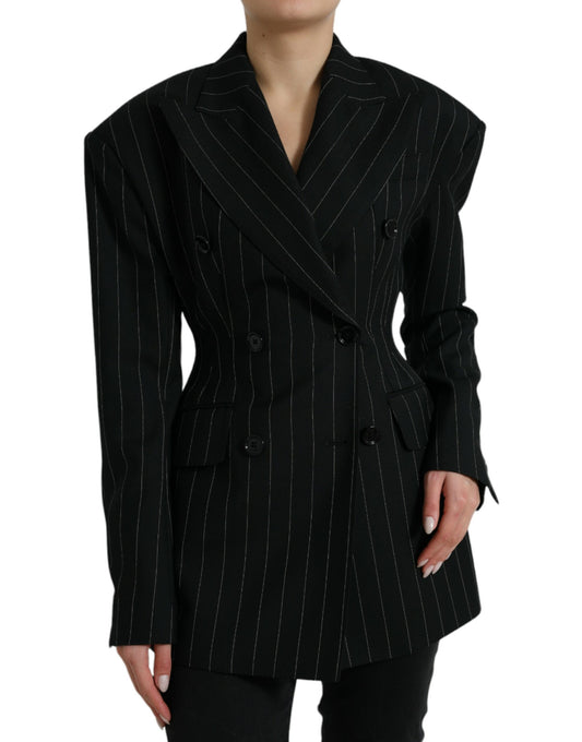 Dolce & Gabbana Black Striped Wool DoubleBreasted Coat Jacket